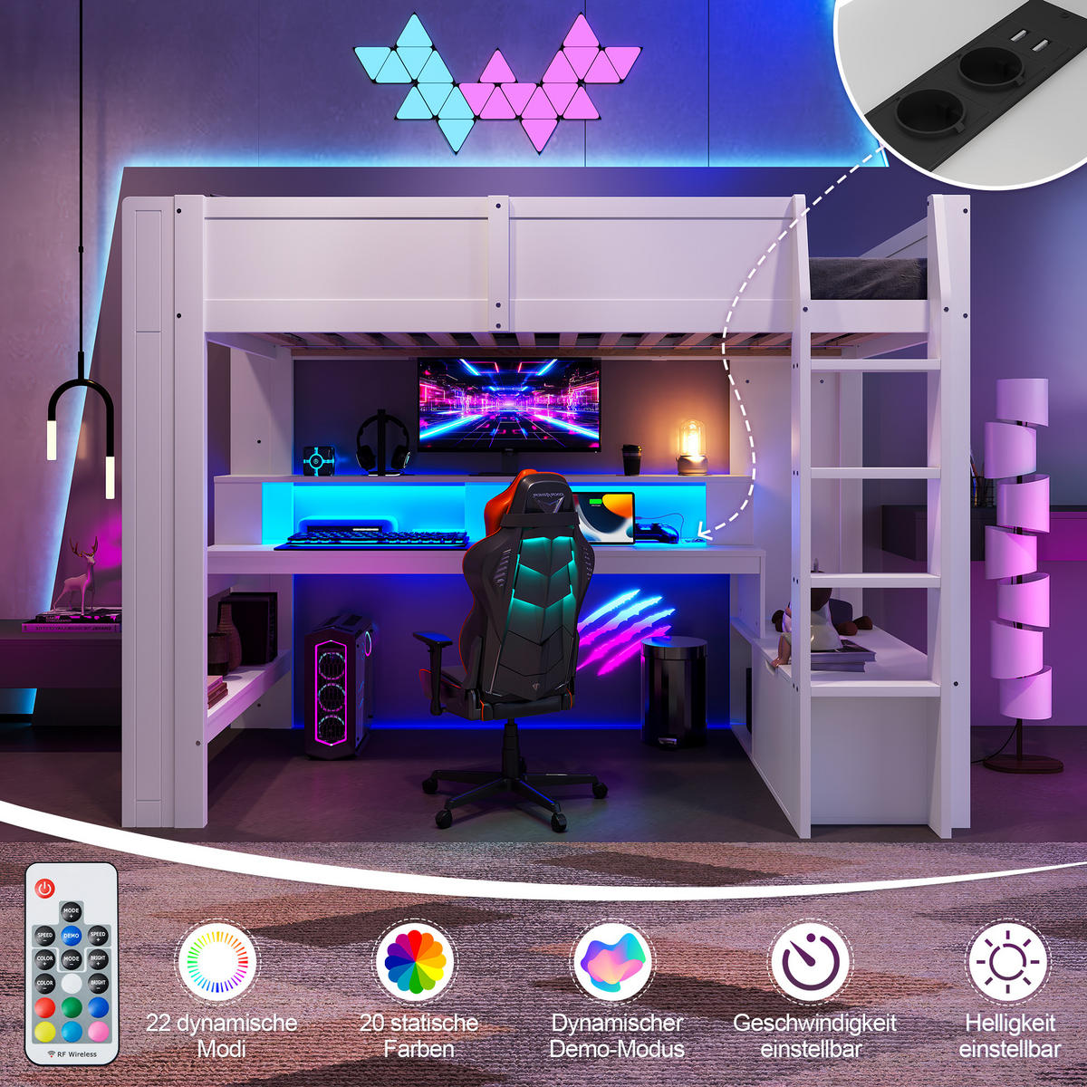 HOCHBETT 90x200cm Weiß Gaming Schreibtisch LED-Licht Schublade Regale - Weiß, Holz (90/200cm) - FLIEKS