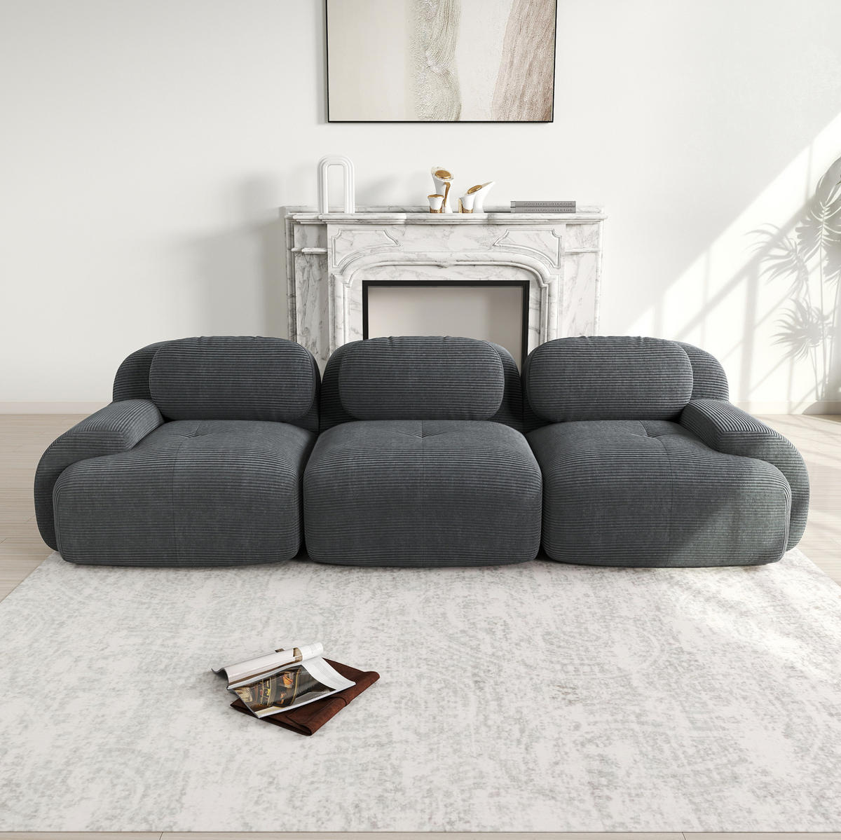 SOFA in Grau aus Cord mit rutschfester Unterseite - Grau, Textil (103/70/298cm) - Flora Grace