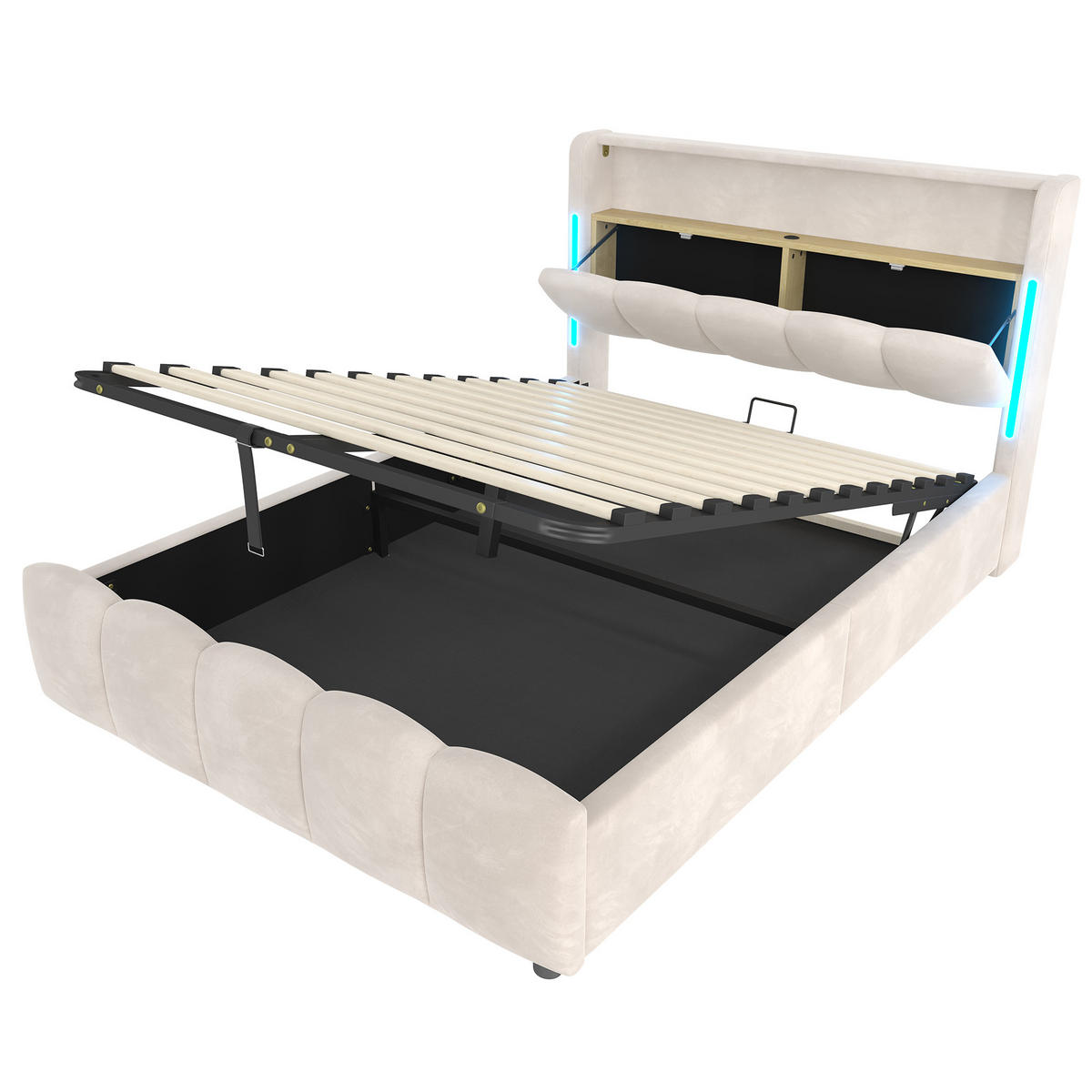 POLSTERBETT 140/200 cm in Beige Samt mit Stauraum, LED, USB und Type-C - Beige, Holzwerkstoff/Textil (140/200cm) - WISHDOR