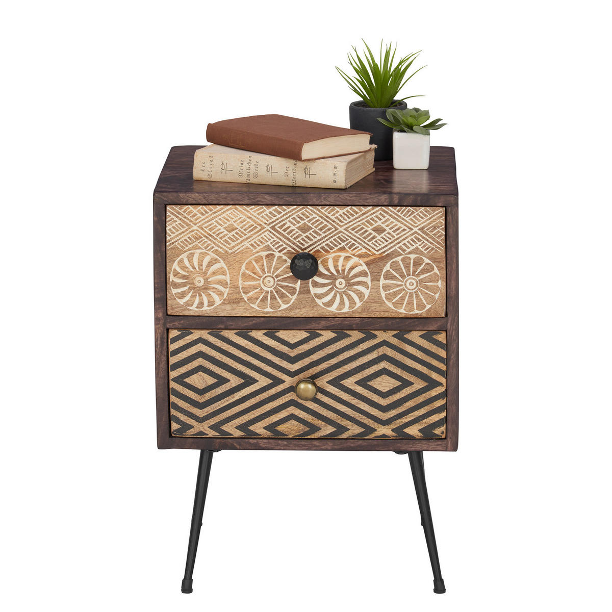MASSIVE NACHTKOMMODE - Beige / Mango - Schwarz/Braun, Holz/Metall (40/55/35cm) - home24