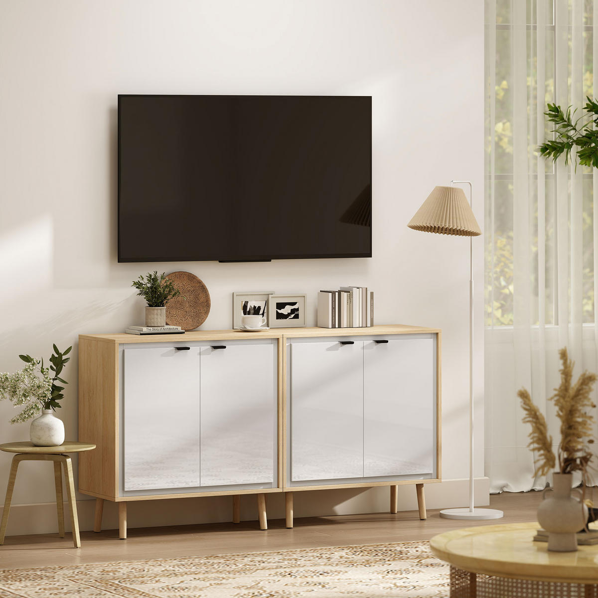 SIDEBOARD Weiß-Hochglanz und Eiche-Nachbildung, 72/35/77 cm - Weiß, Holz (72/77/35cm) - PANGIVO