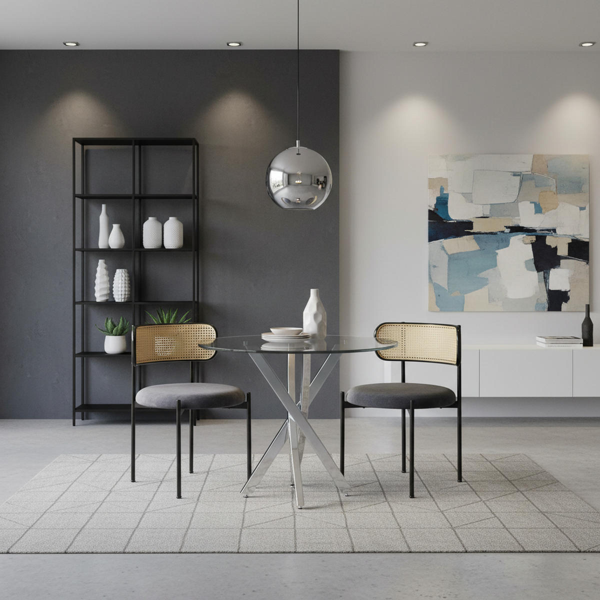 ESSZIMMERTISCH SET GLASPLATTE & METALLBEINE, RATTAN-RÜCKENLEHNE, GRAU/SILBER - Grau, Glas/Textil (80/75/80cm) - Urban Meuble