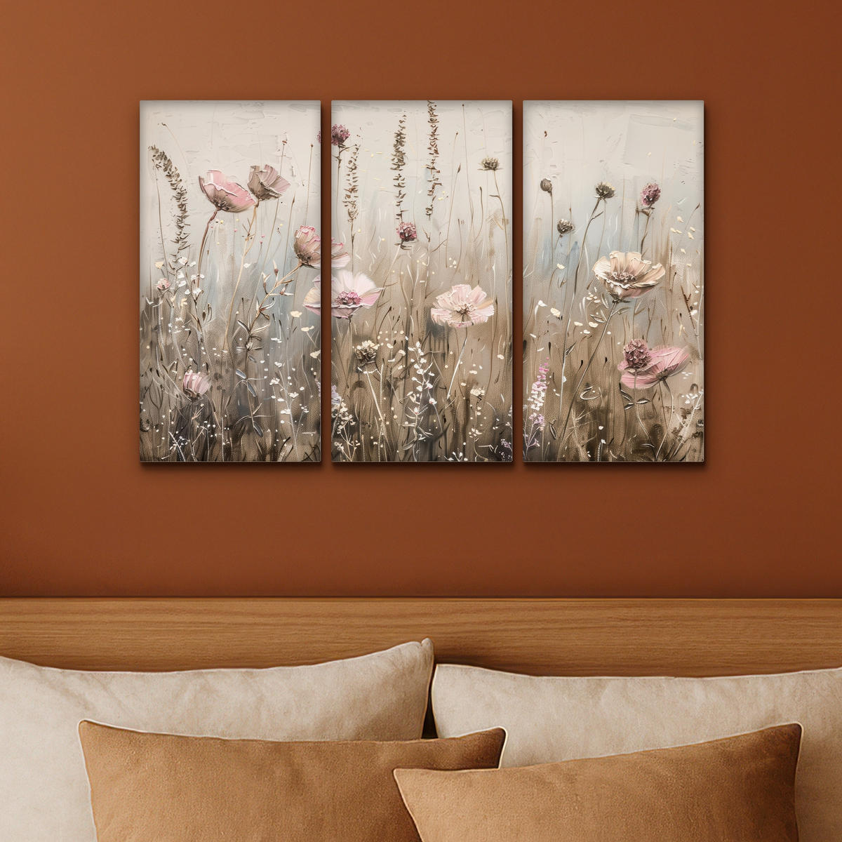 LEINWANDBILD 3er Set Blumen - Beige - Modern - Rosa 60x40 cm - Ecru, Textil (60/40cm) - MuchoWow