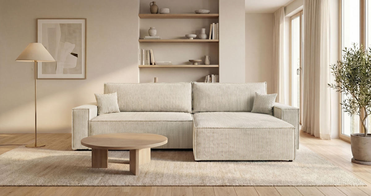 ECKSOFA VIENNA rechts weiß Cord Poso 100 - Schlaffunktion, Bettkasten - Weiß, Textil (285/184cm) - Cornero