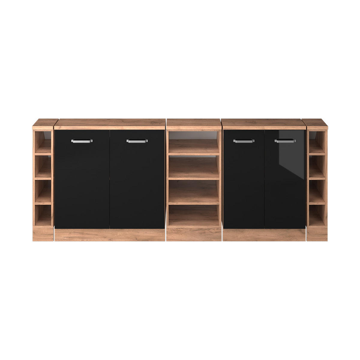 KUHINJSKI ORMAR ZA KOSINE KROVA R-Line Sjajna Crna 210 cm Set od 5 ormarićnih korpusa, dubina 60 cm - hrast medunac/crna visoki sjaj, drvni materijal (210/83.8/60cm) - Vicco