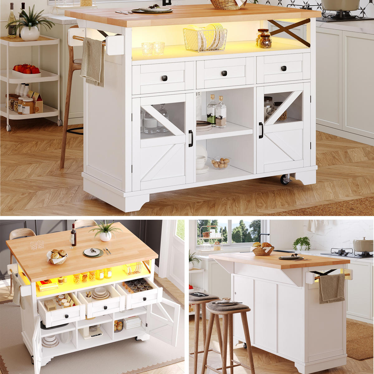 KÜCHENINSEL in Weiß Küchenwagen mit App LED, Klapptisch, 3 Schubladen und 2 Türen, als Sideboard und Servierwagen, B120/T71/H98cm - Weiß, Holzwerkstoff/Metall (120/98/43cm) - STILVORA