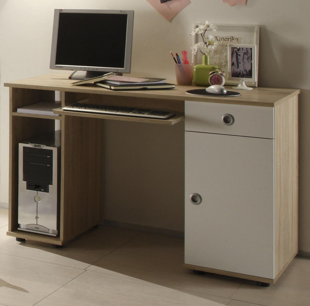 JUGENDZIMMER Wiki in Eiche Sonoma und Weiß 4 teilig mit Schwebetürenkleiderschrank - Braun, Holzwerkstoff (120/200/80cm)