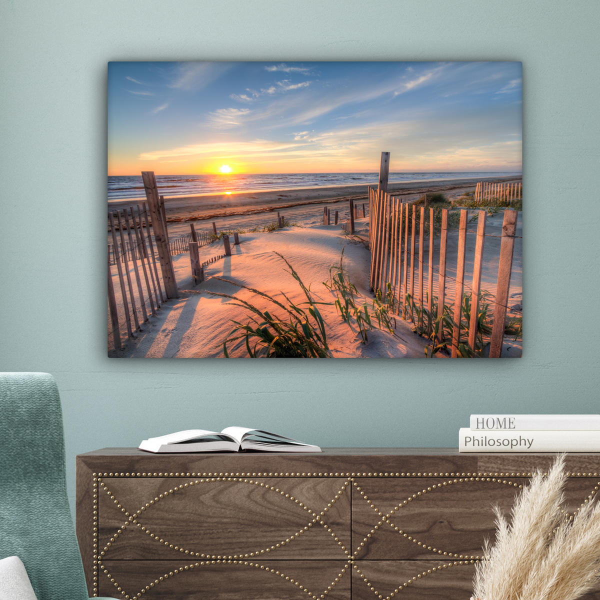 LEINWANDBILD Strand - Meer - Düne - Sonnenuntergang - Landschaft Wandbilder 80x60 cm - Beige, Textil (80/60cm) - MuchoWow