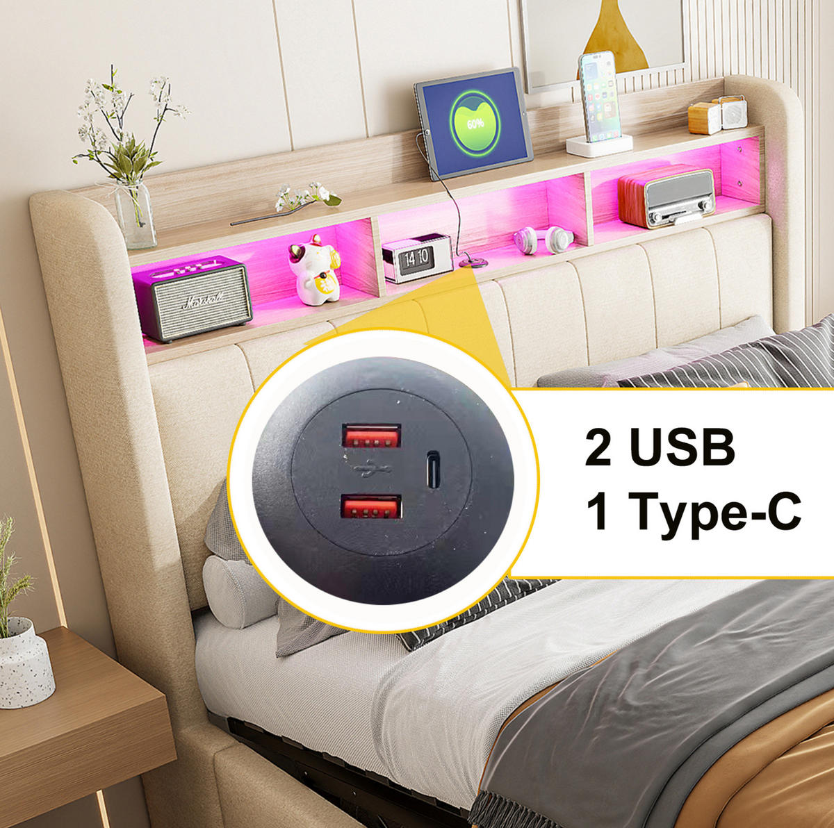 ČALÚNENÁ posteľ 140/200 cm s meniacim sa LED osvetlením, USB a Type-C portom, úložným priestorom, Béžová - béžová, textil (140/200cm) - Redom