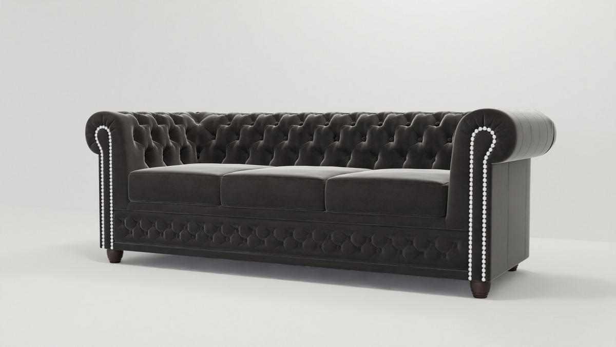 CHESTERFIELD-SOFA 3-sitzer Nyx Schwarz Samt - Schwarz/Braun, Holz/Textil (203/72/86cm) - S-Style Möbel