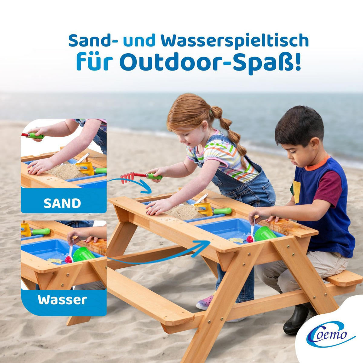 2IN1 KINDERSITZGRUPPE Sand-und Wasserspieltisch Kinder - Naturfarben, Holz - Coemo
