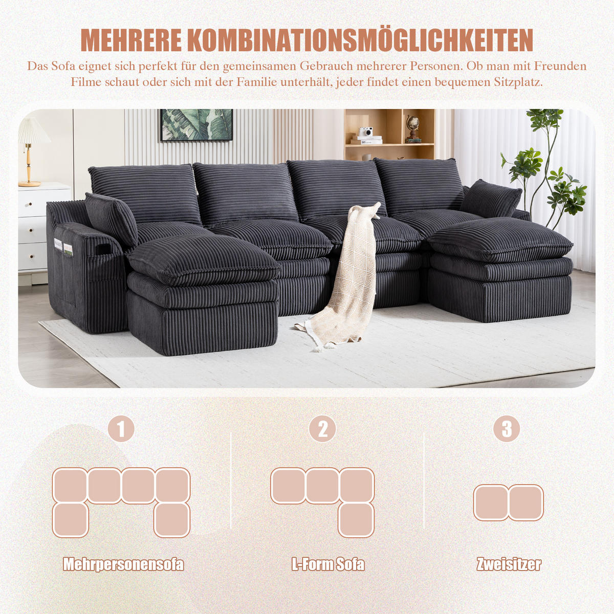 WOHNLANDSCHAFT Cord Dunkelgrau mit Kissen, Hocker und Seitentaschen - Dunkelgrau, Textil (335/85/167cm) - WISHDOR