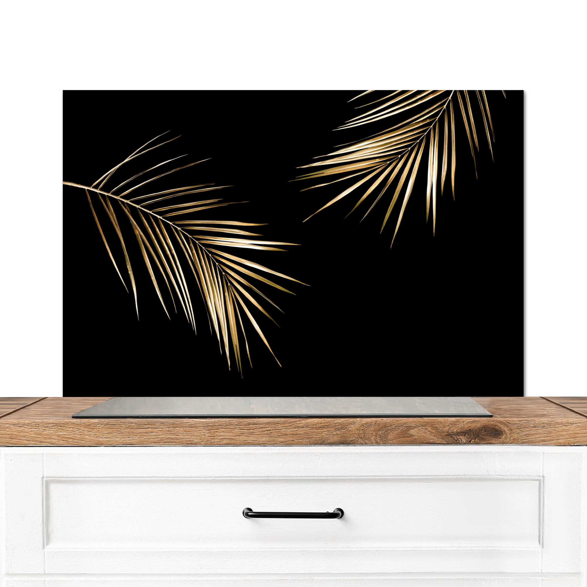 SPRITZSCHUTZ KÜCHE Blätter - Pflanzen - Gold - Schwarz - Luxus 90x60 cm - Goldfarben, Metall (90/0.3/60cm) - MuchoWow