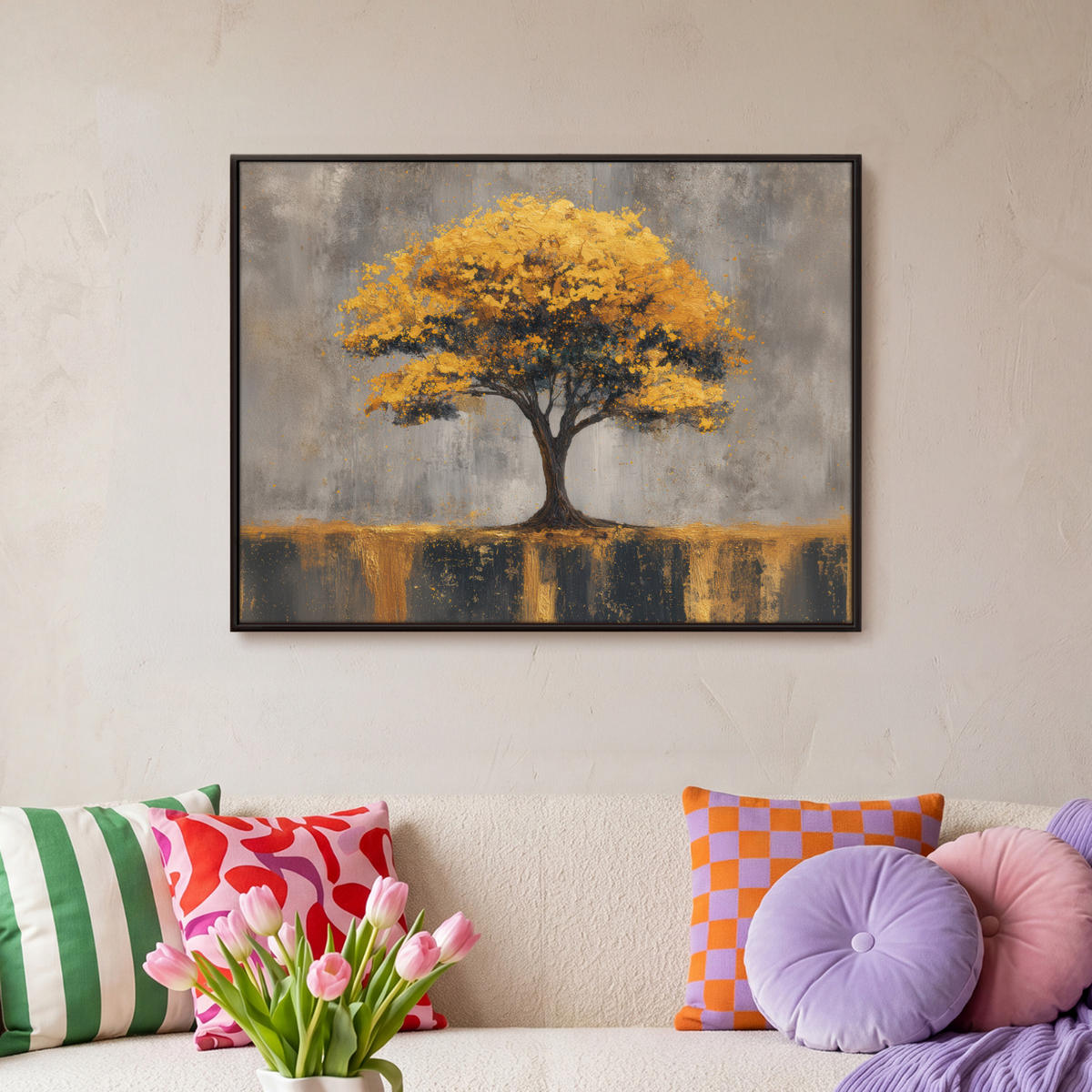 LEINWAND Bilder mit Rahmen - Baum - Blätter - Gold - Abstrakt - 80x60 - Grau, Textil (80/60cm) - MuchoWow
