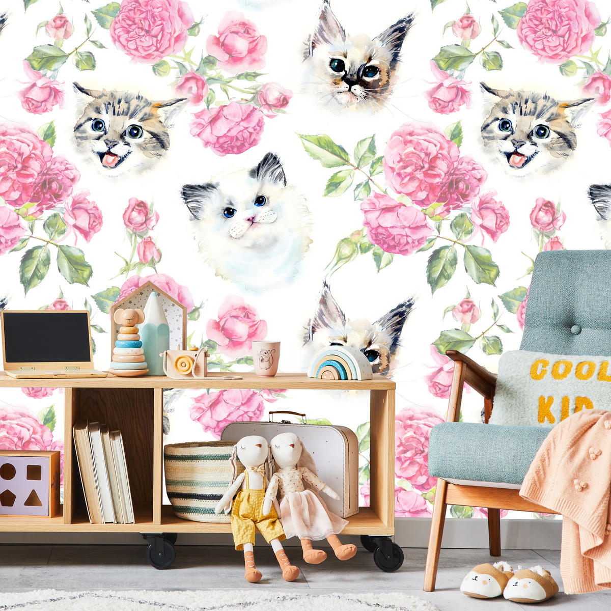 FOTOTAPETE für Badezimmer Kätzchen Rosen Blumen 100x70 - Beige/Rosa, Papier (100/70cm) - Muralo