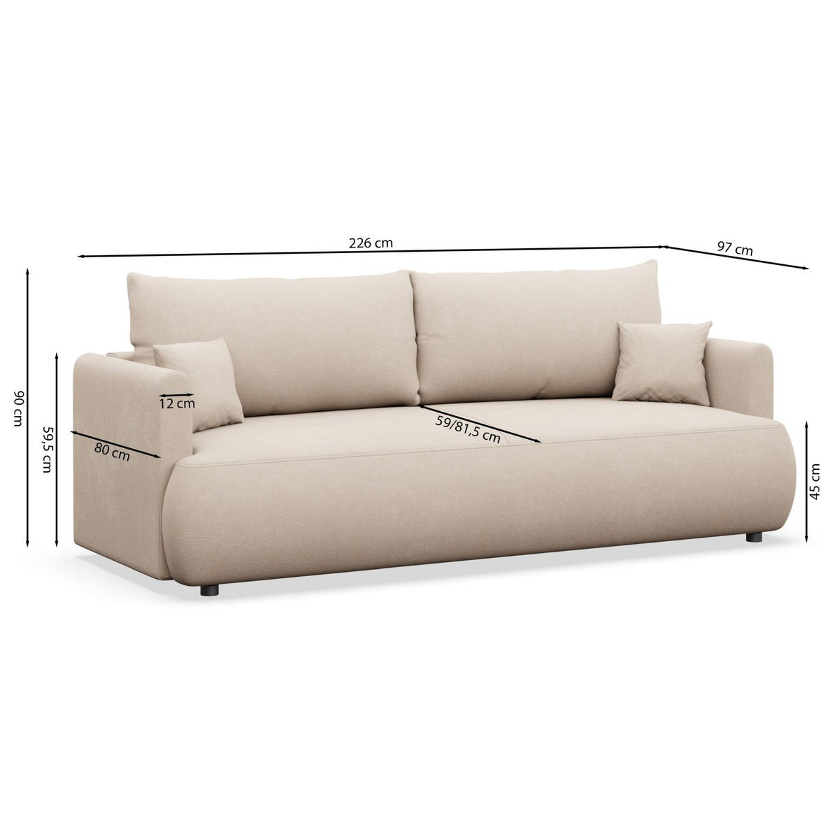 3-SITZER SOFA Ovo Mini Creme Velours Easy-Clean - Creme/Schwarz, Kunststoff/Textil (226/90/97cm) - Selsey