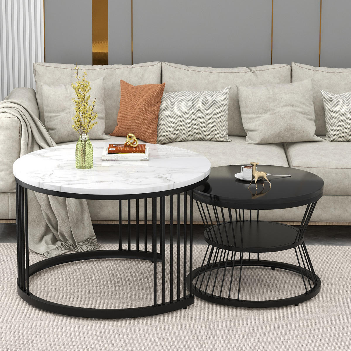 COUCHTISCHSET schwarz und weiß - Schwarz/Weiß, Holzwerkstoff/Metall (70/70/45.5cm) - Urban Meuble