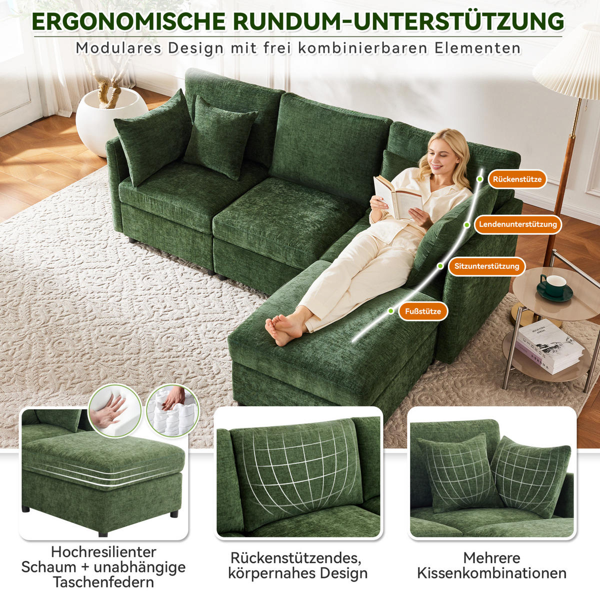 ECKSOFA aus Chenille 216x161x81 cm in Grün mit modularem Hocker - Grün, Textil (161/216cm) - Modfu
