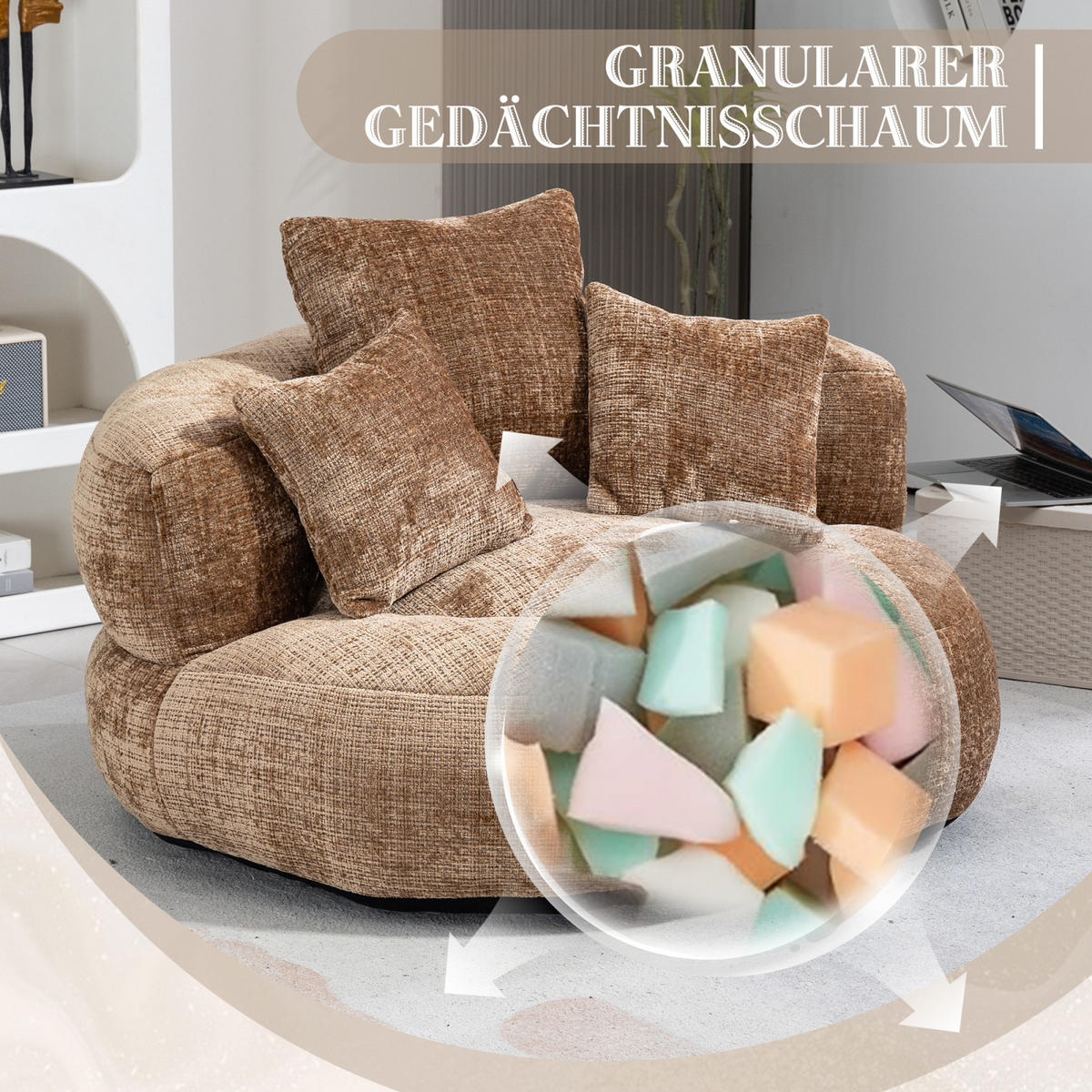 SITZSACK Sessel Chenille mit 3 Kissen bequem weich Schlafsofa Braun - Braun, Textil (108/52/108cm) - PARAFTA HOME