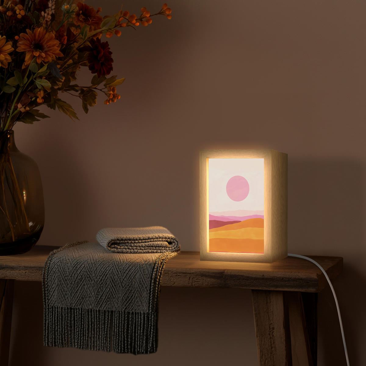 STOLNÍ LAMPA Kopce - oranžová - slunce - abstraktní 15x20 cm - chromová, kompozitní dřevo (8/15/20cm) - OnlyWow