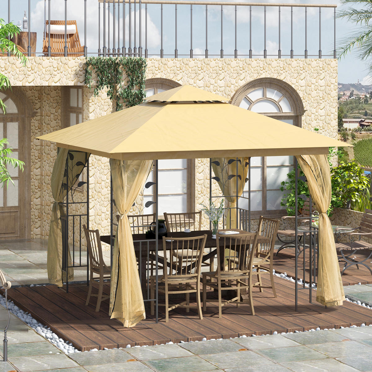 PAVILLON, Beige + Schwarz, Stahl, 180g/m² Polyester - Beige, Metall (300/272/300cm) - Outsunny