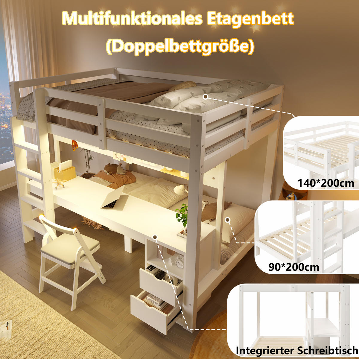 HOCHBETT 140/200 cm & 90/200 cm in Weiß mit Schubladen, Schreibtisch, Lochplatte und LED - Weiß, Holz/Holzwerkstoff (140/200cm) - CHICFURN