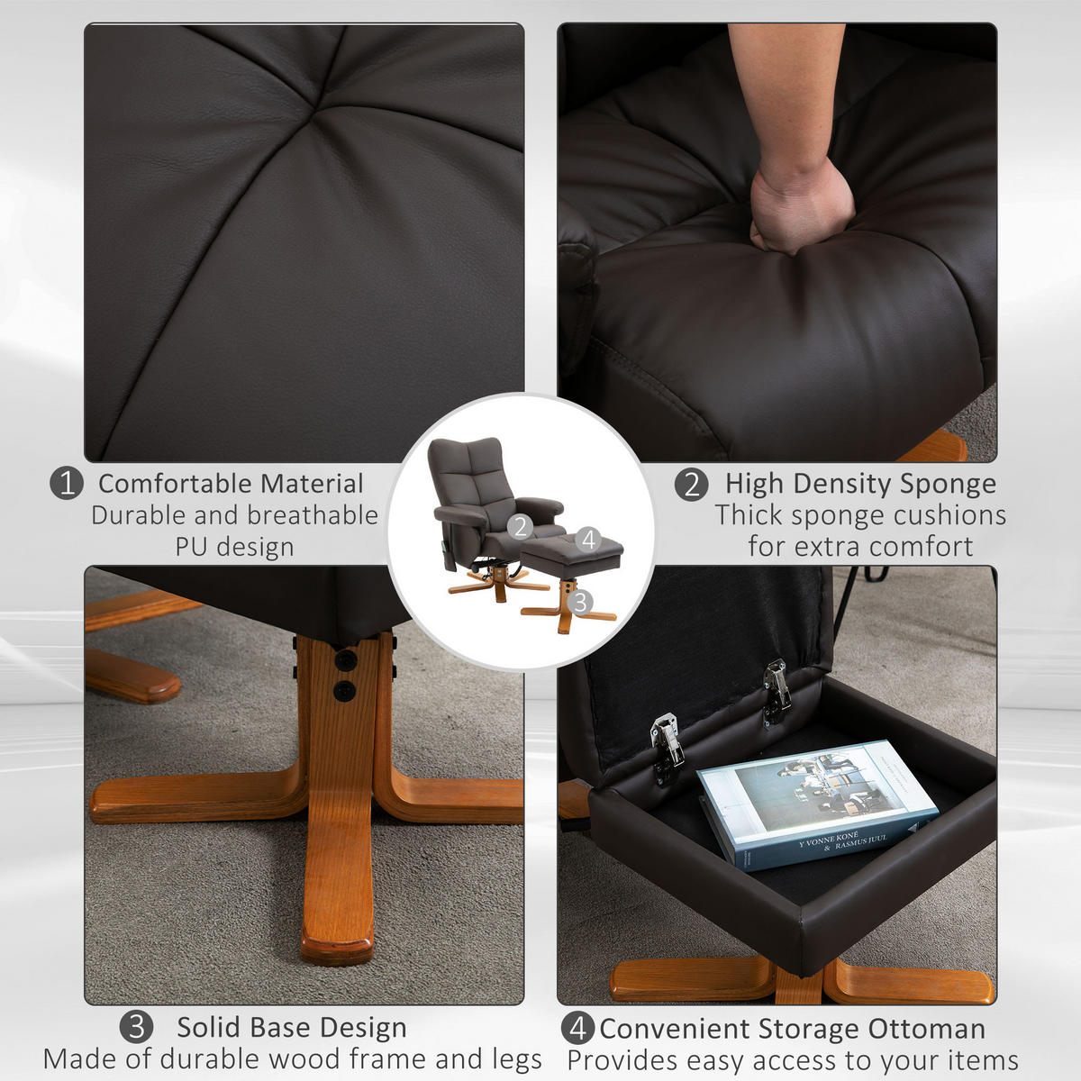 RELAXSESSEL mit Liegefunktion Massagesessel mit Fußhocker Polyester Braun - Braun, Leder/Holz (86/99/80cm) - HOMCOM