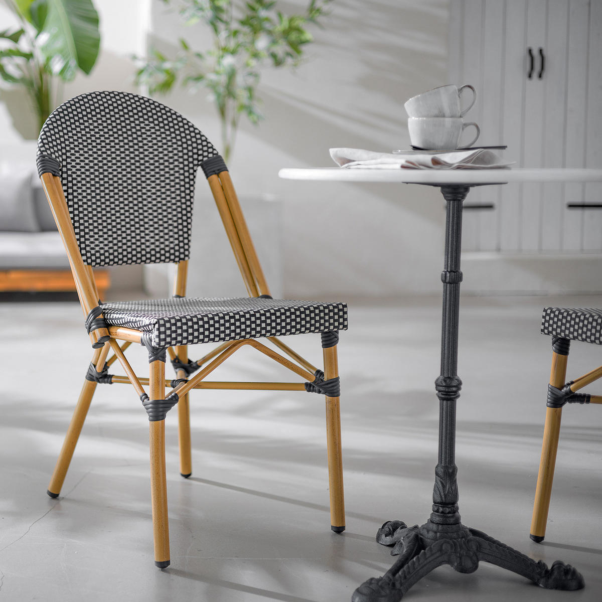 GARTENSITZGRUPPE - Textilene / Marmor - Schwarz / Weiß - 3-teilig - Schwarz/Weiß, Naturmaterialen/Textil - home24