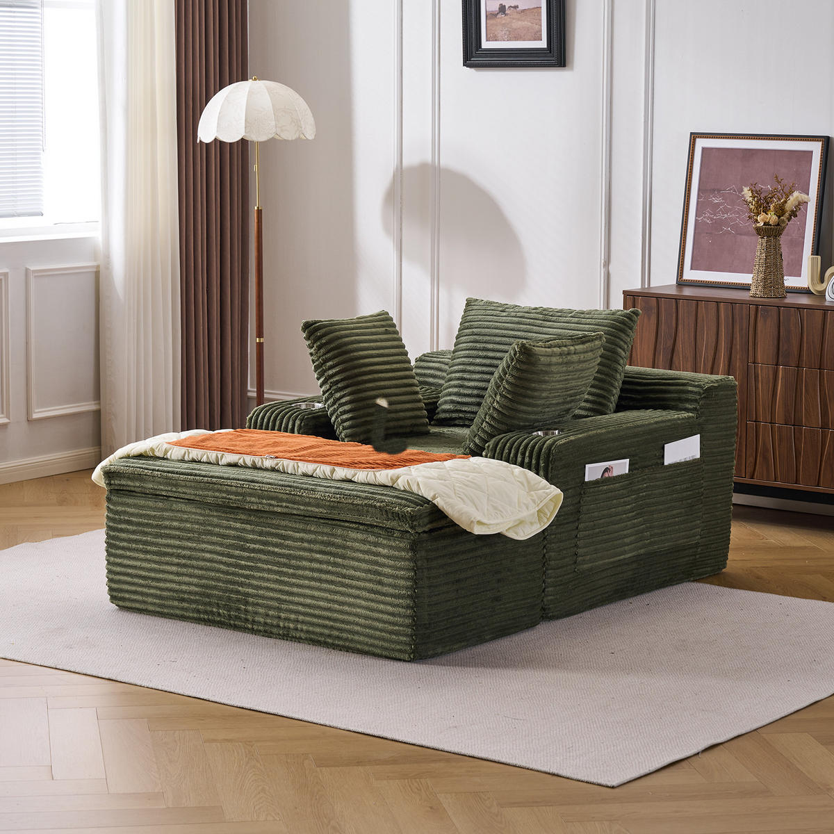KLAPPSOFA mit 2-in-1-Funktionskissen, Cordstoff - Grün - Grün, Textil (113/63/164cm) - KOMHTOM