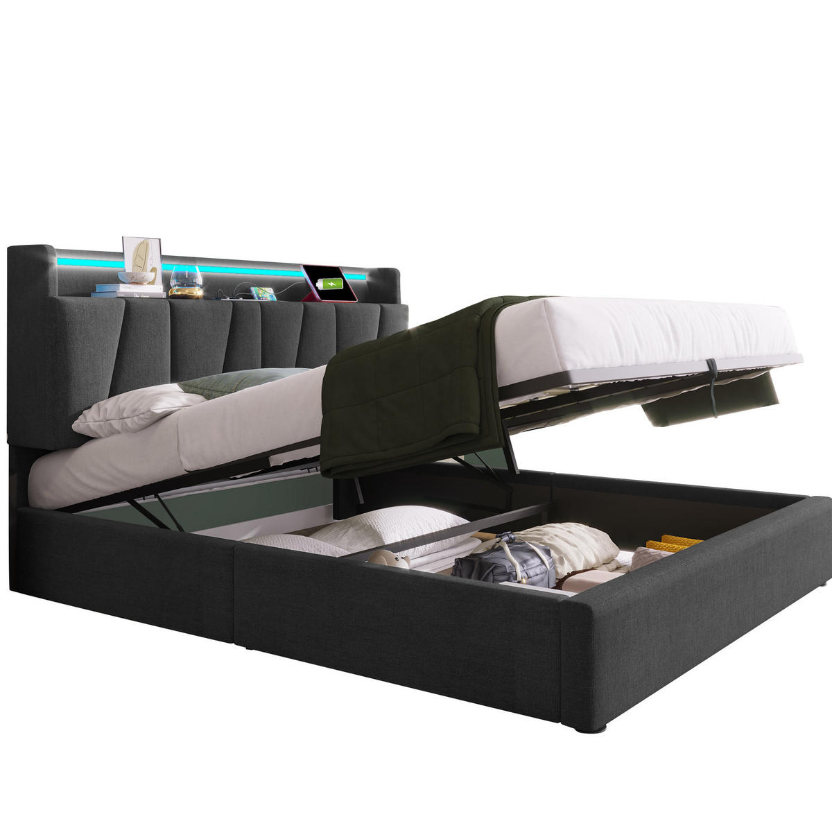 POLSTERBETT 140/200 cm mit LED-Beleuchtung, Bettkasten und USB-Ladefunktion - Grau, Textil (140/200cm) - BEAOK