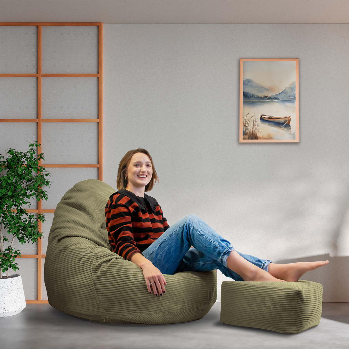 SITZSACK PARADISE MIT FUßSTÜTZE Kordsamt 2-tlg Dark Olive M - Olivgrün/Grün, Textil (90/100/90cm) - Dreamroots