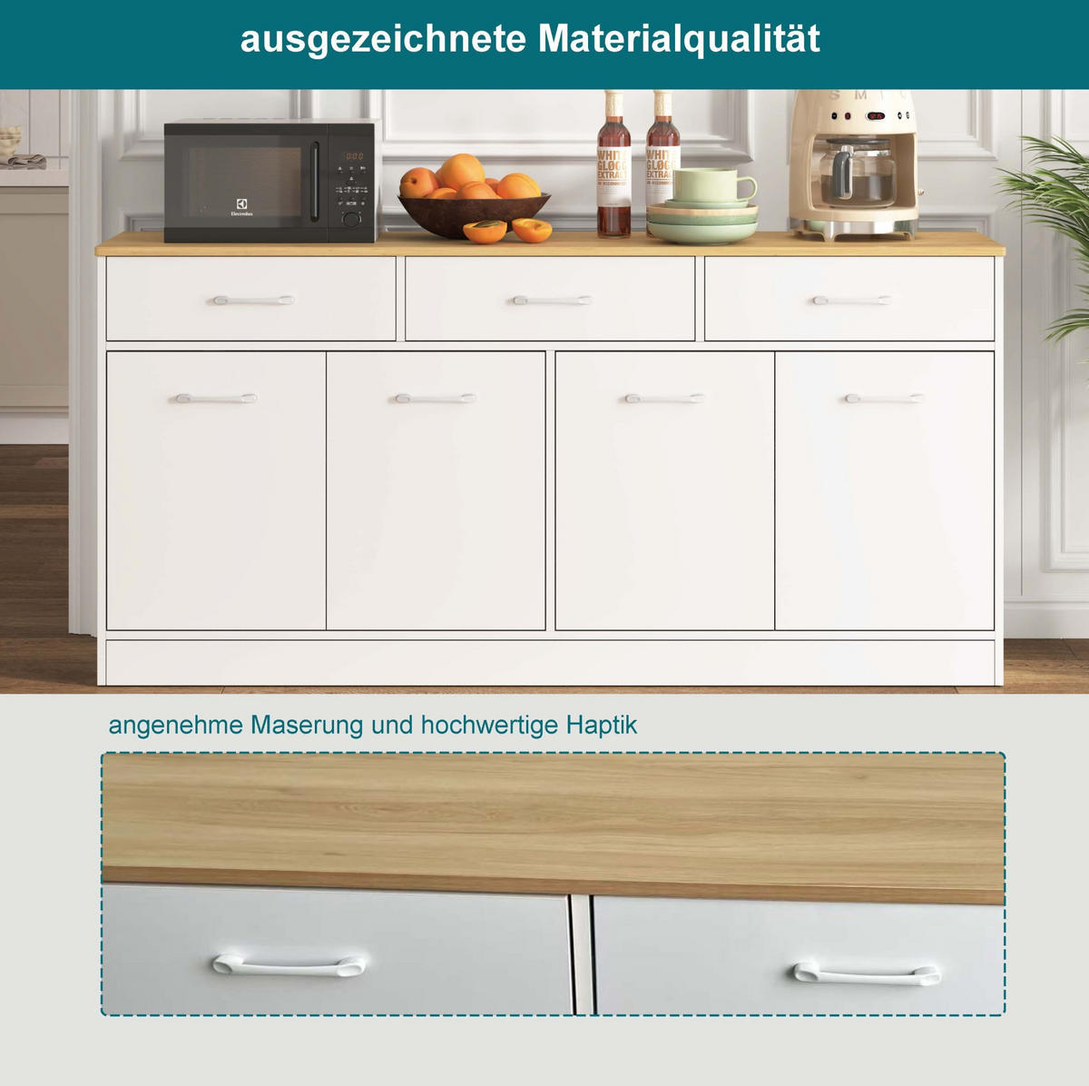 SIDEBOARD 160/37/76,5 cm Weiß aus MDF mit 3 Schubladen und 2 Schrankbereiche - Weiß, Holzwerkstoff (37/76.5/160cm) - OKWISH