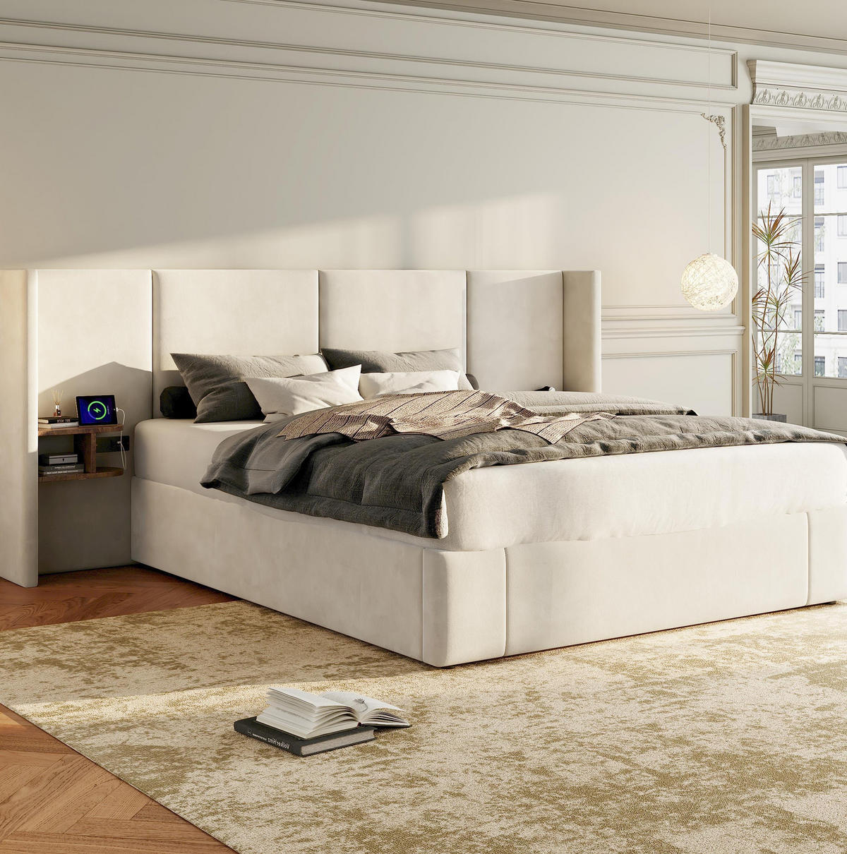 POLSTERBETT mit Stauraum 160x200 cm Samt Beige mit 2 Nachttischen - Beige, Metall (160/200cm) - Meubliv