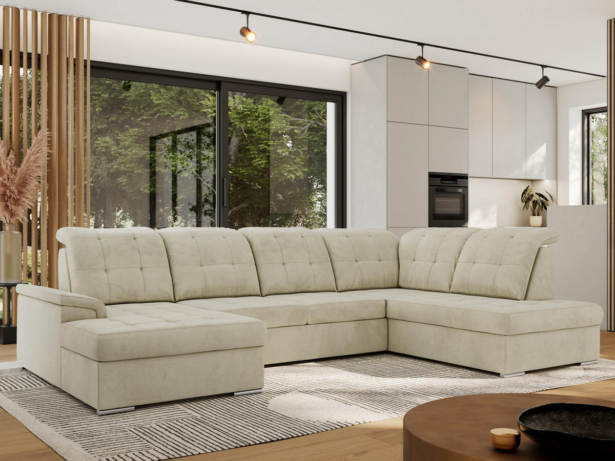 WOHNLANDSCHAFT MADRITO U - Beige Velorus - Rechts - Beige/Silberfarben, Textil/Metall (323/89/204cm) - MKS