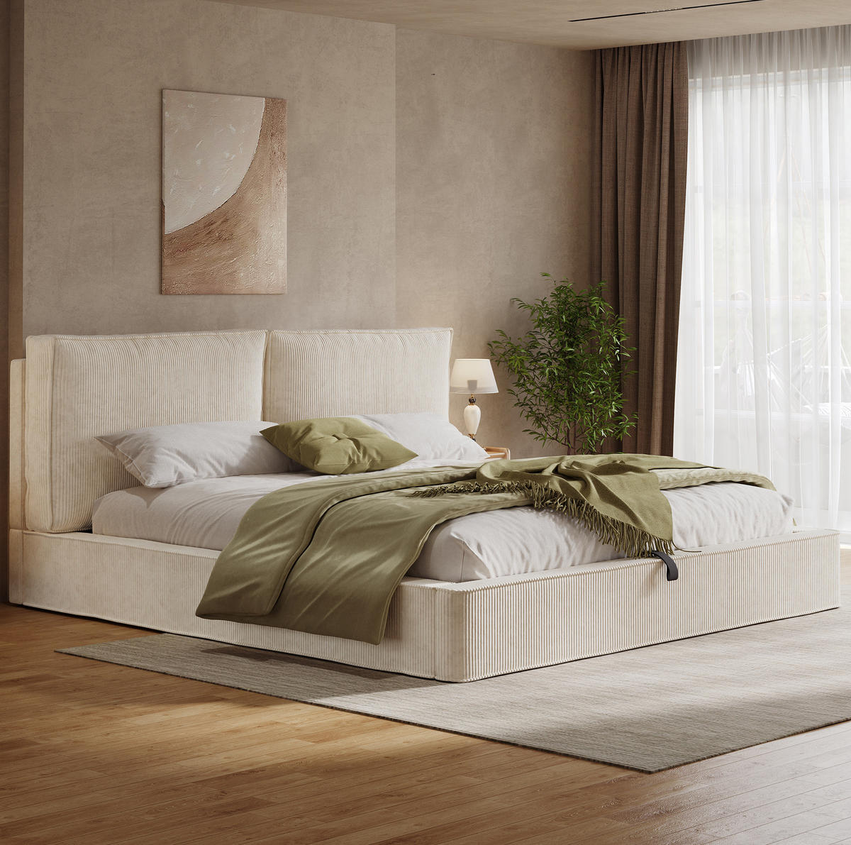 POLSTERBETT 180/200 cm aus Cord mit Stauraum und Lattenrost Beige - Beige, Textil (180/200cm) - Modenvie