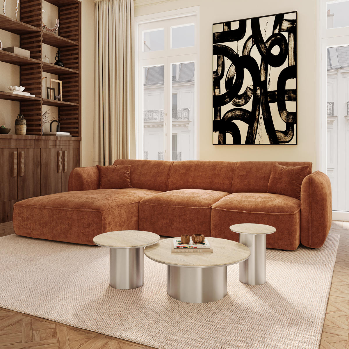 ECKSOFA (links) LOMI Geprägter Samt Terrakotta 272cm - Dunkelorange/Terracotta, Textil (272/90cm) - Premium Interiors