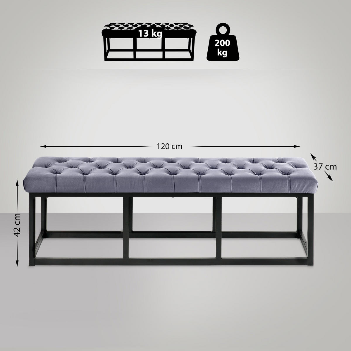 SITZBANK 120/37 cm Samt grau - Schwarz/Grau, Textil/Metall (120/42/37cm) - CLP