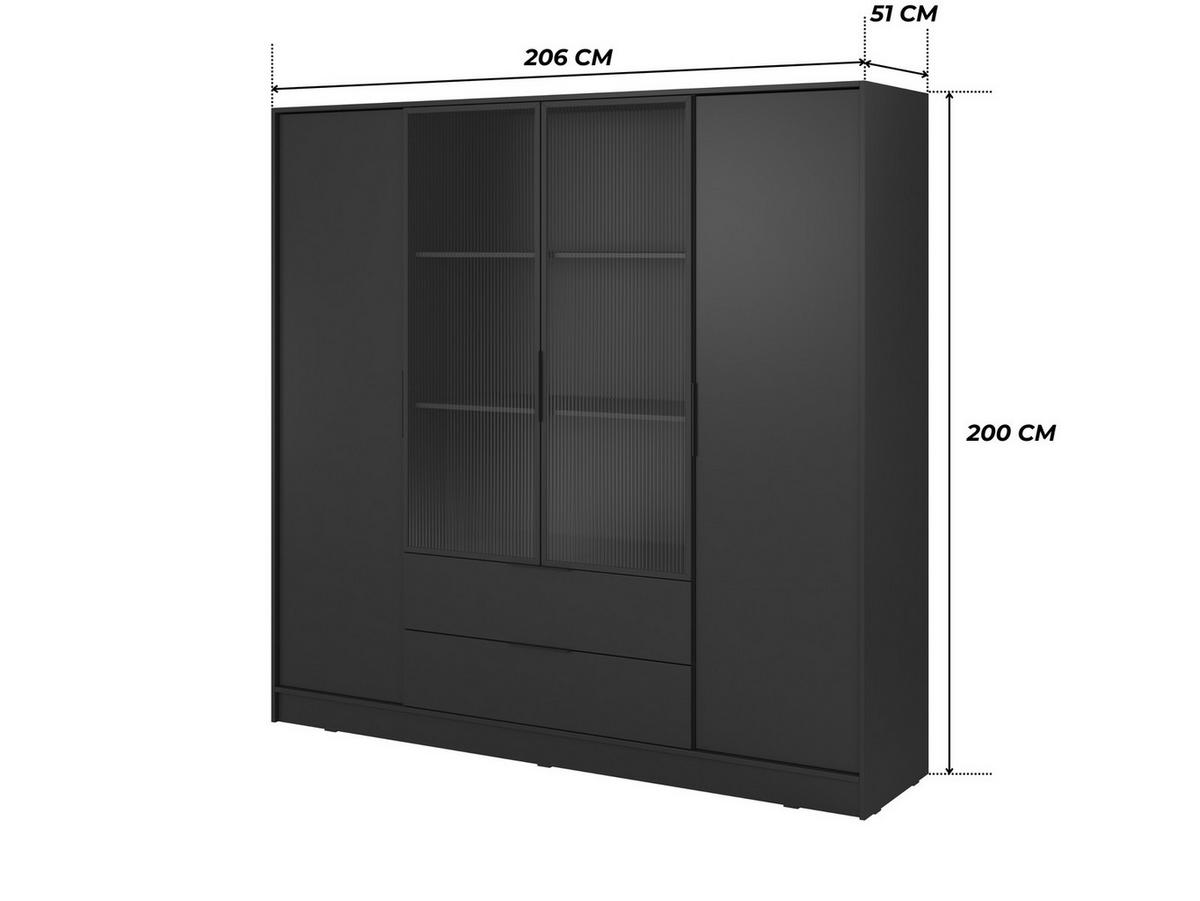 KLEIDERSCHRANK RICADI 4D RM (Schwarz, Riffelglas, 4 Türen, 2 Schubladen, Kunststoffgriffe) - Schwarz, Holz/Holzwerkstoff (206/200/51cm) - Ravio
