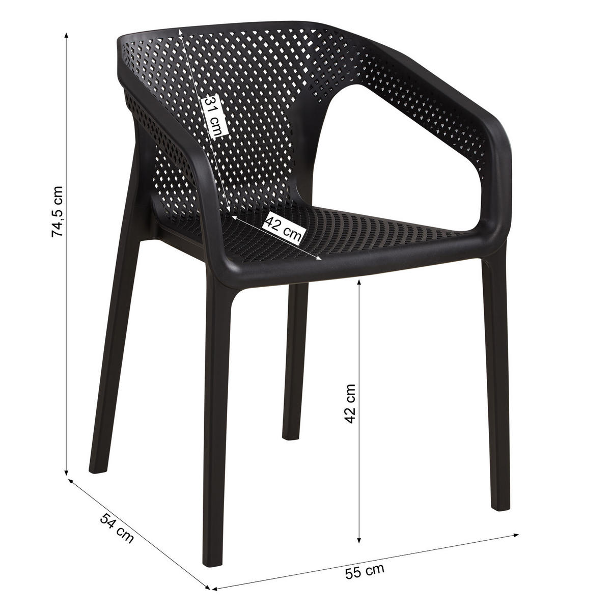 GARTENSTUHL 6er-Set Kunststoff Schwarz mit Armlehnen - Schwarz, Kunststoff (330/75/54cm) - Homestyle4u