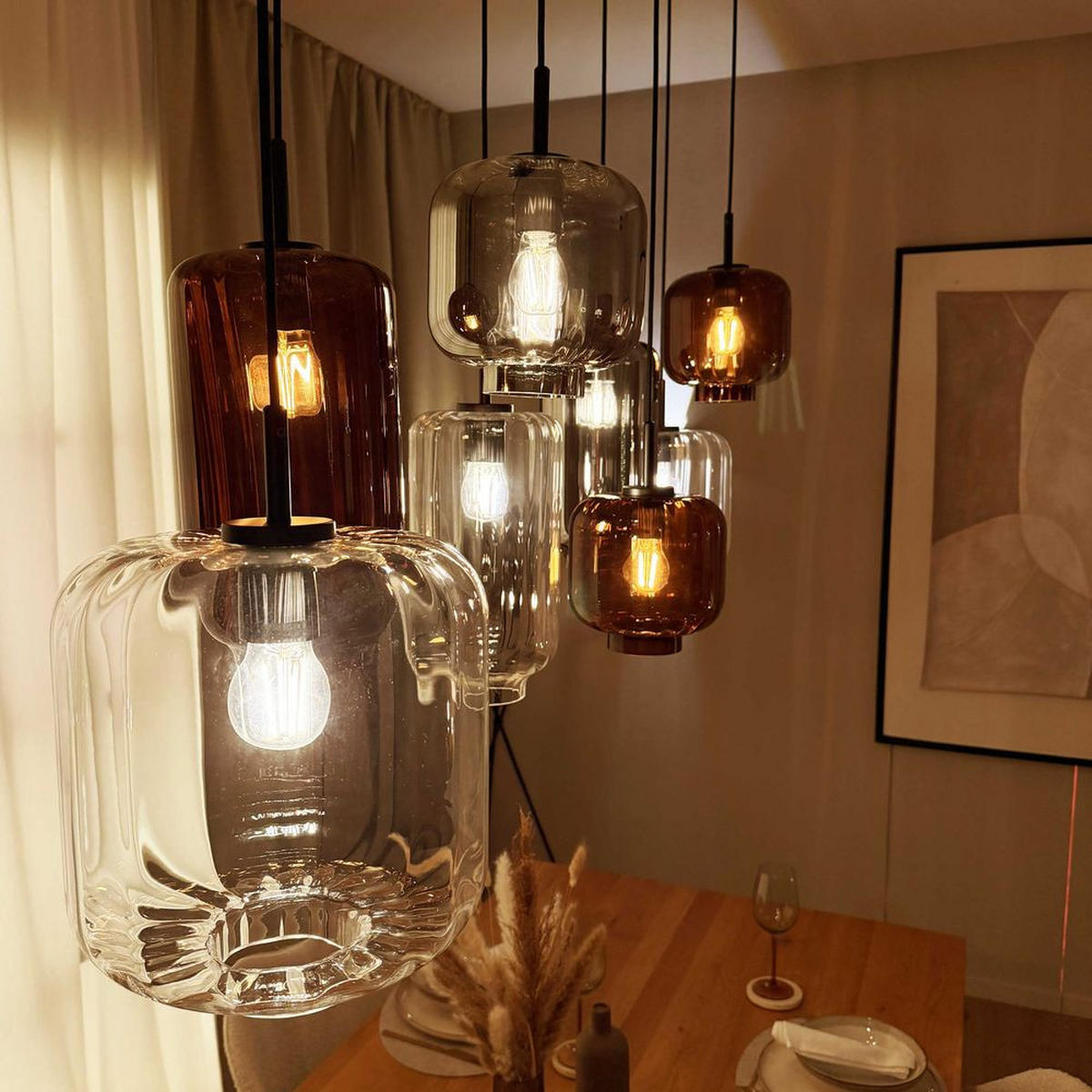 VELO jedálenská stolová lampa 8 svetiel 200cm 3-radová Ø 18/20/25cm - čierna/antracitová, sklo (25/25/27cm) - s.luce