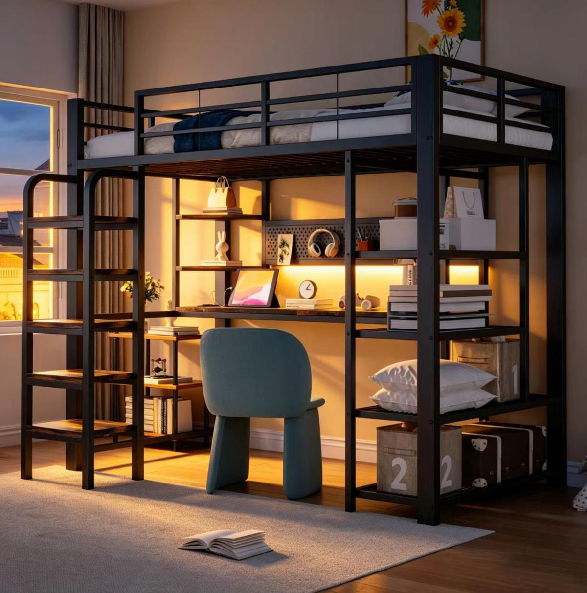 HOCHBETT 90/200 cm aus Metall und Holz mit LED-Beleuchtung und Schreibtisch Schwarz - Schwarz, Metall (90/200cm) - Modenvie