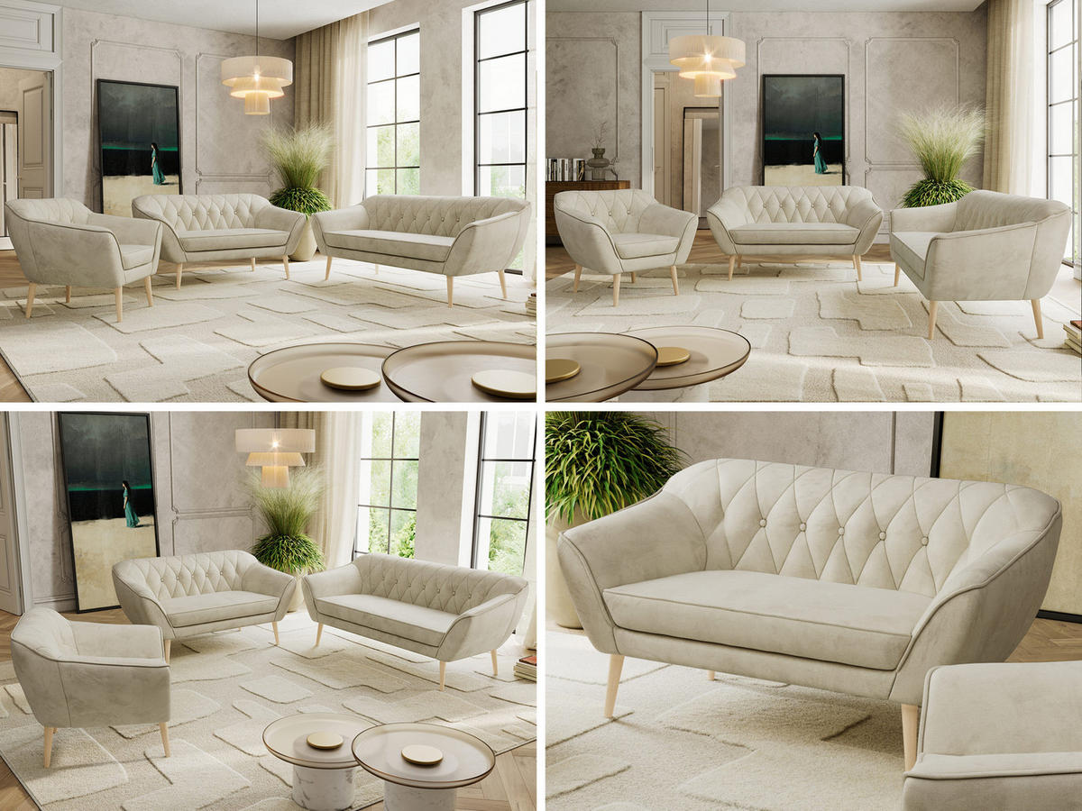 SITZGARNITUR PIRS 3+2+1 - Beige Velvet - Holzbeine - Beige/Buchefarben, Holzwerkstoff/Textil (180/75/74cm) - MKS