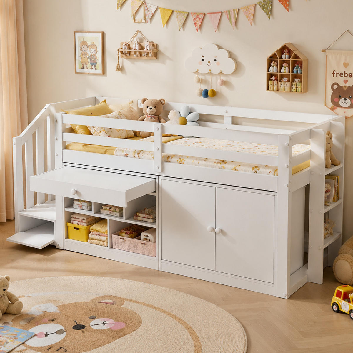 KINDERBETT 90/200 cm Weiß aus Massivholz mit Stauraum und Schreibtischfunktion - Weiß, Holz (90/200cm) - OKMYHOME