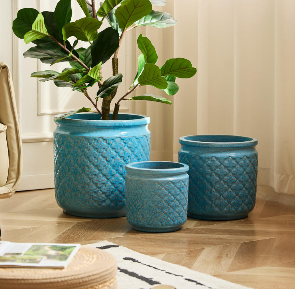 KERAMIKBLUMENTÖPFE, 3-teilig, 38,1/30,5/22,9cm, geometrisch, blau - Blau, Keramik (38/38/38cm) - Vallsero