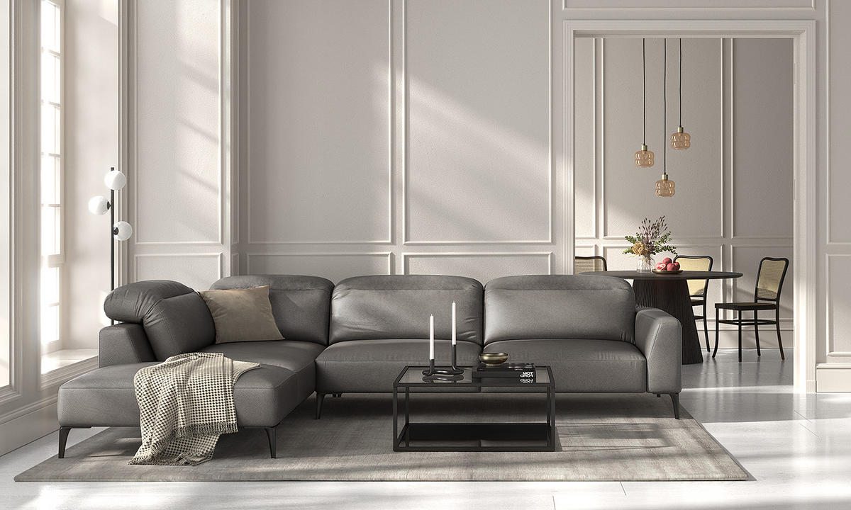 ECKSOFA mit Ottomane - Schwarz/Grau, Leder/Metall (325/238cm) - home24