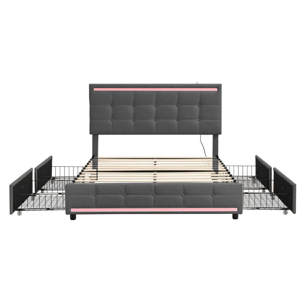 POLSTERBETT 140x200cm mit höhenverstellbarem Kopfteil und 4 Schubladen, LED und USB Sicherheitssteckdose, Leinen, Grau - Grau, Holz/Metall (140/200cm)