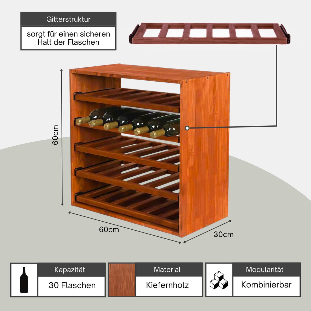 WEINREGAL Vincellar Mod 60x60x30 cm Auszug Modul Für 30 Flaschen mit Ausziehbaren Ebenen Massives Kiefernholz Braun Geölt - Braun, Holz (60/60/30cm) - PROREGAL