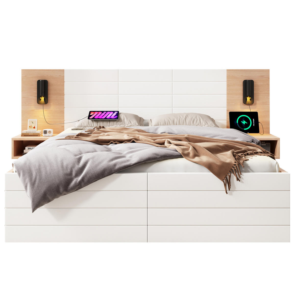 DVOULŮŽKO 140/200 cm bílé v dekoru světlého dubu z masivu a MDF s matrací USB a zásuvkami - bílá, kompozitní dřevo (140/200cm) - OKWISH