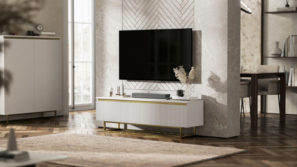 TV-SCHRANK Selene Glamour Weiß Matt mit Metallrahmen 140 cm - Goldfarben/Weiß, Holzwerkstoff/Metall (140/44/35cm) - Meble Lindner
