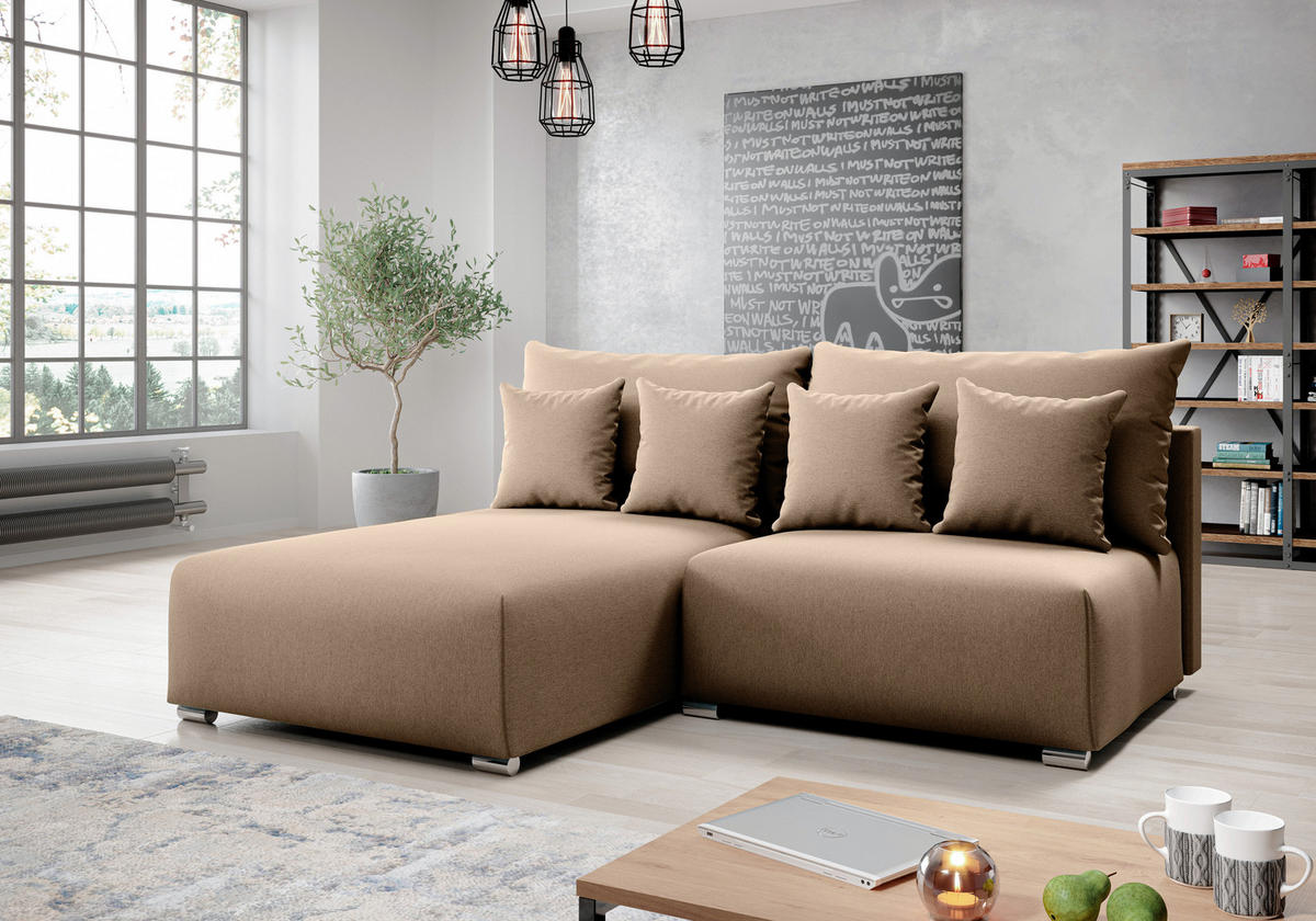 ECKSOFA L Form Ederra Beige Stoff 208/190/91 cm – großes Sofa mit Schlaffunktion L - Beige/Silberfarben, Textil/Metall (190/208cm) - AX Living
